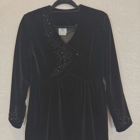 VTG Laura Ashley Dress 80s 90s Black Velvet Beaded Long Sleeve Midi 8 - Picture 2 of 13